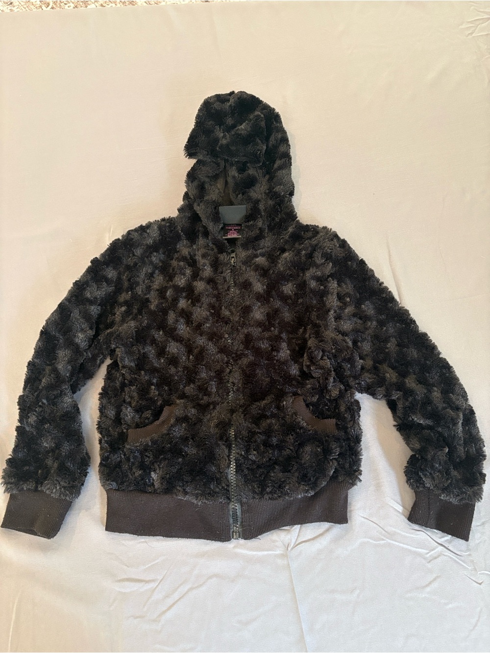 /Girls Rule! Black Faux Fur Zip-up Hoodie Jacket Y2K Streetwear Athleisure Sz 6